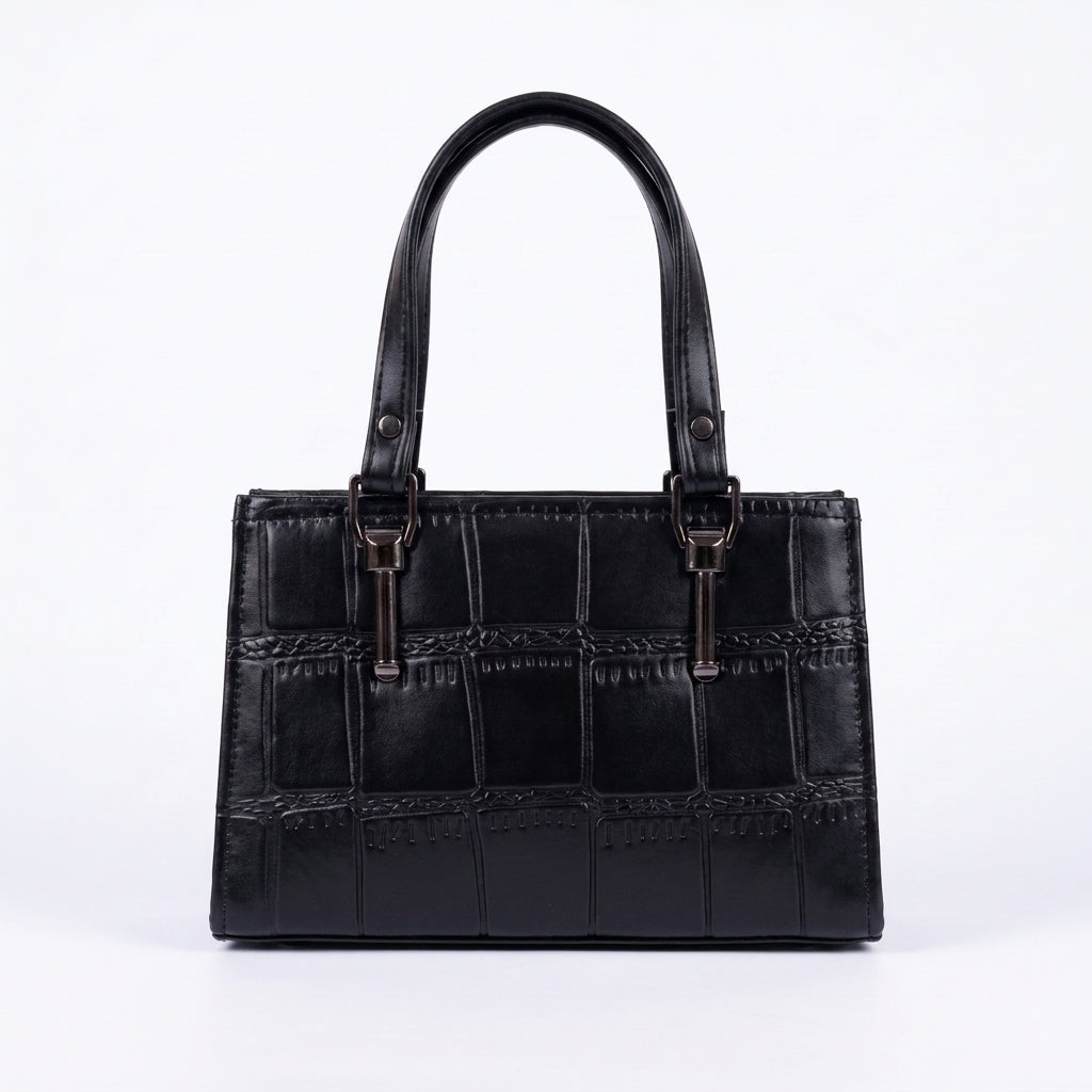 Croc-Embossed Structured Satchel - Black