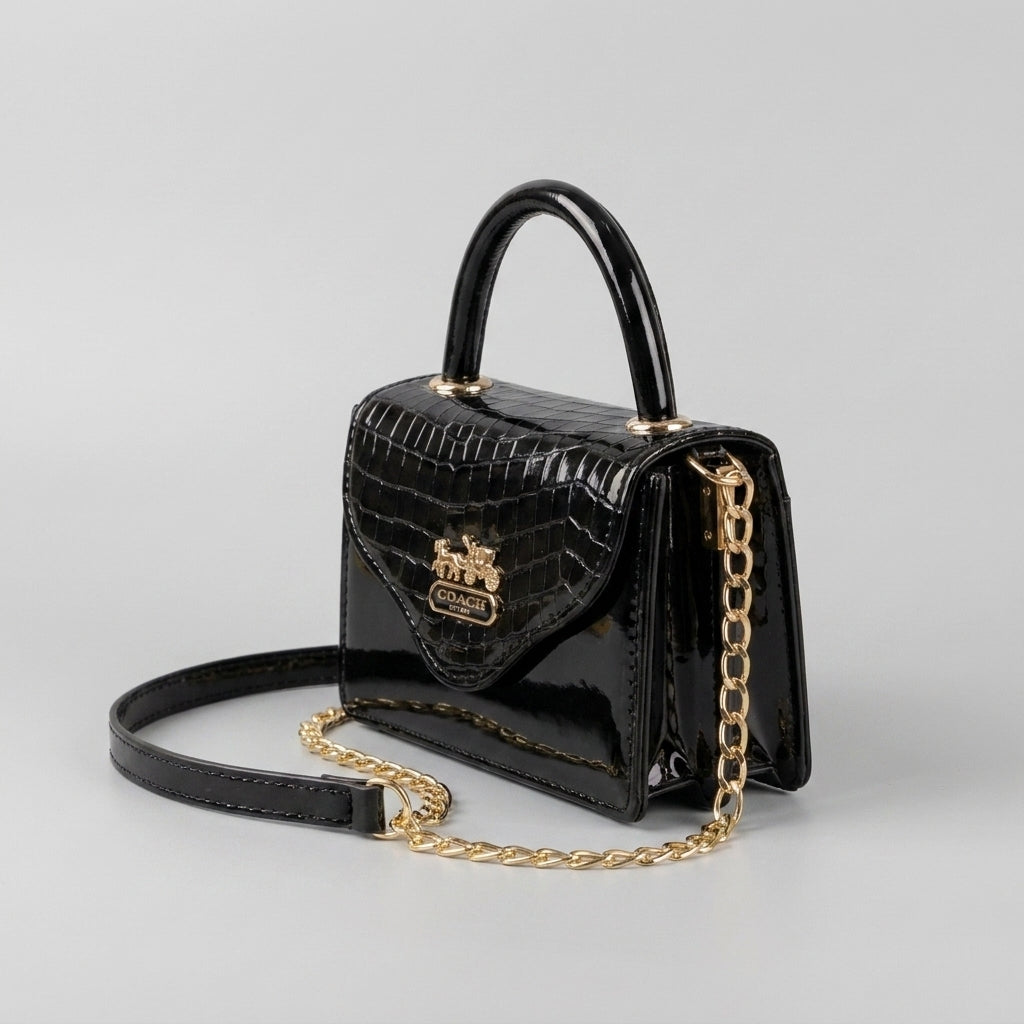 Black croc-embossed mini top-handle bag with detachable gold chain strap