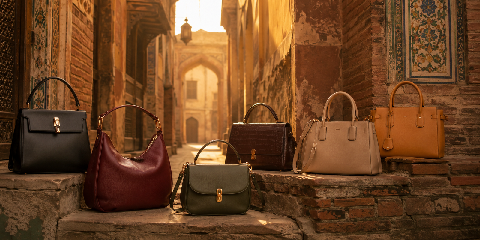 Six handbags in various colors and styles are lined up on stone steps in an outdoor alleyway with warm, golden lighting and traditional architectural details.
