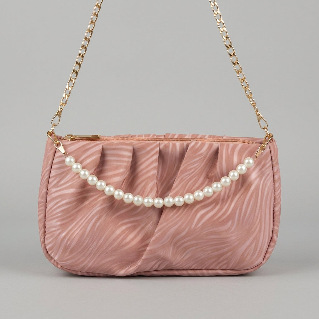 Pleated Pearl-Strap Shoulder Bag - Pink