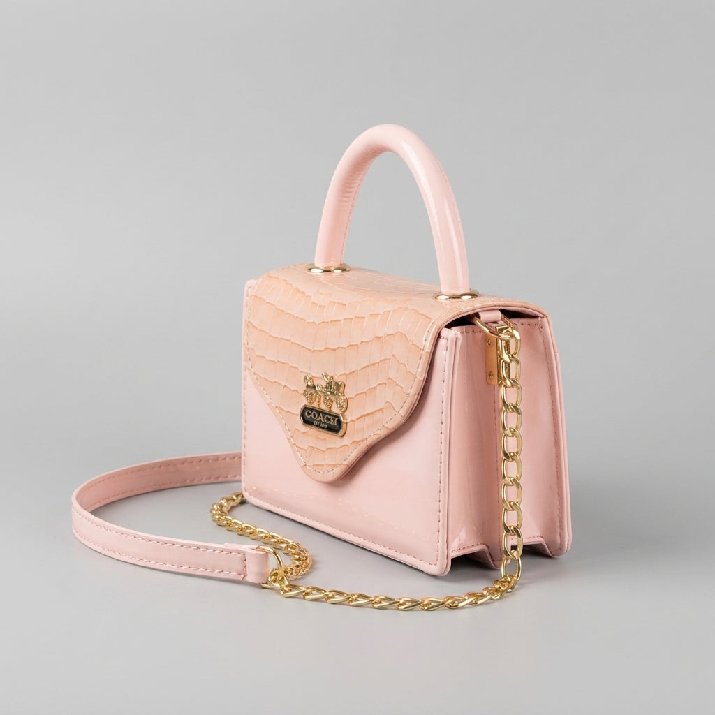 Blush pink croc-embossed mini top-handle bag with gold chain strap