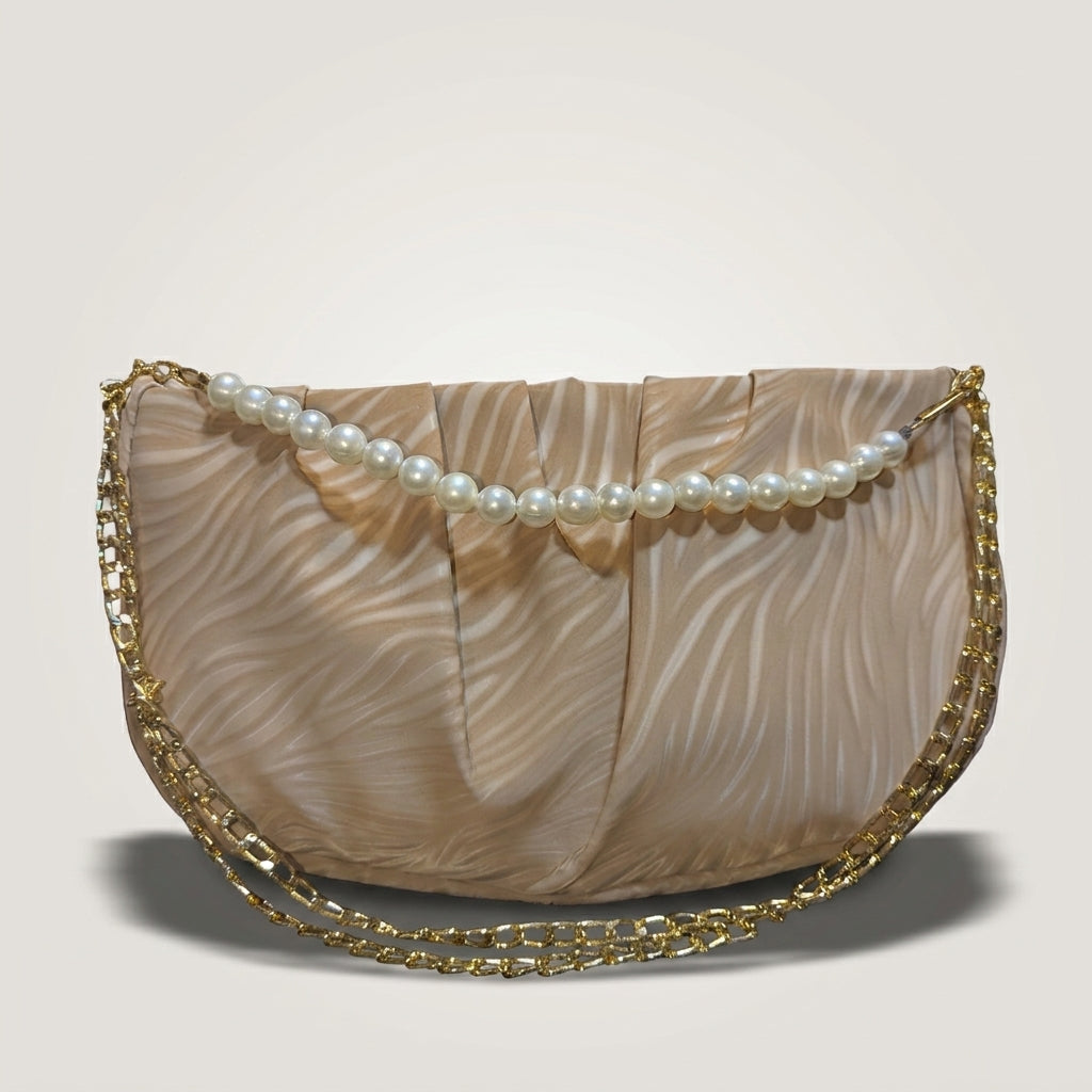 Pleated Pearl-Strap Shoulder Bag - Champagne