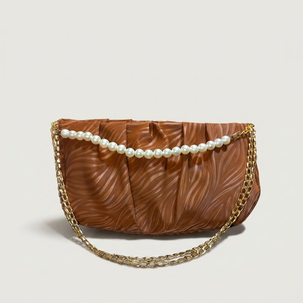 Pleated Pearl-Strap Shoulder Bag - Caramel