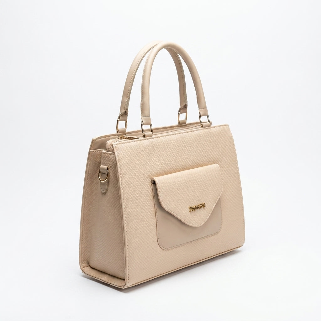 Envelope Pocket Structured Tote - Beige