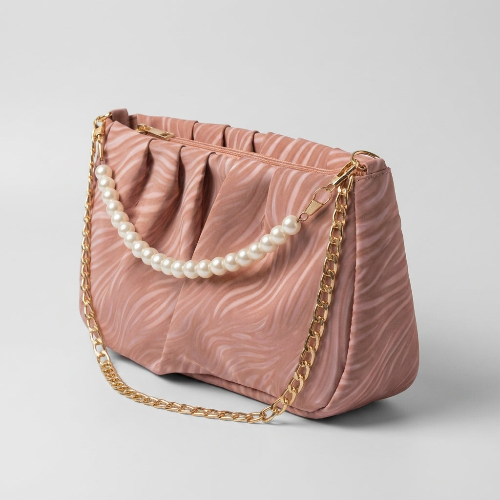 Pleated Pearl-Strap Shoulder Bag - Pink angle