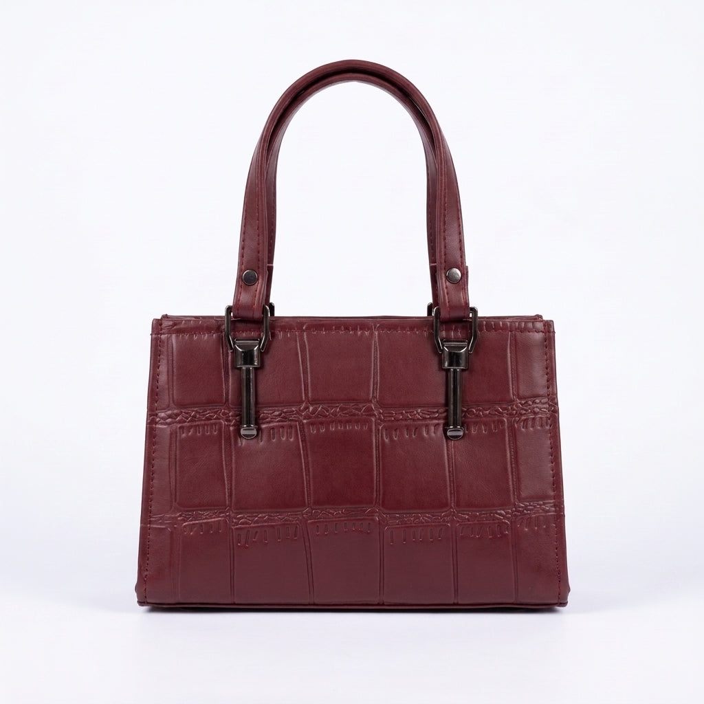 Croc-Embossed Structured Satchel - Maroon