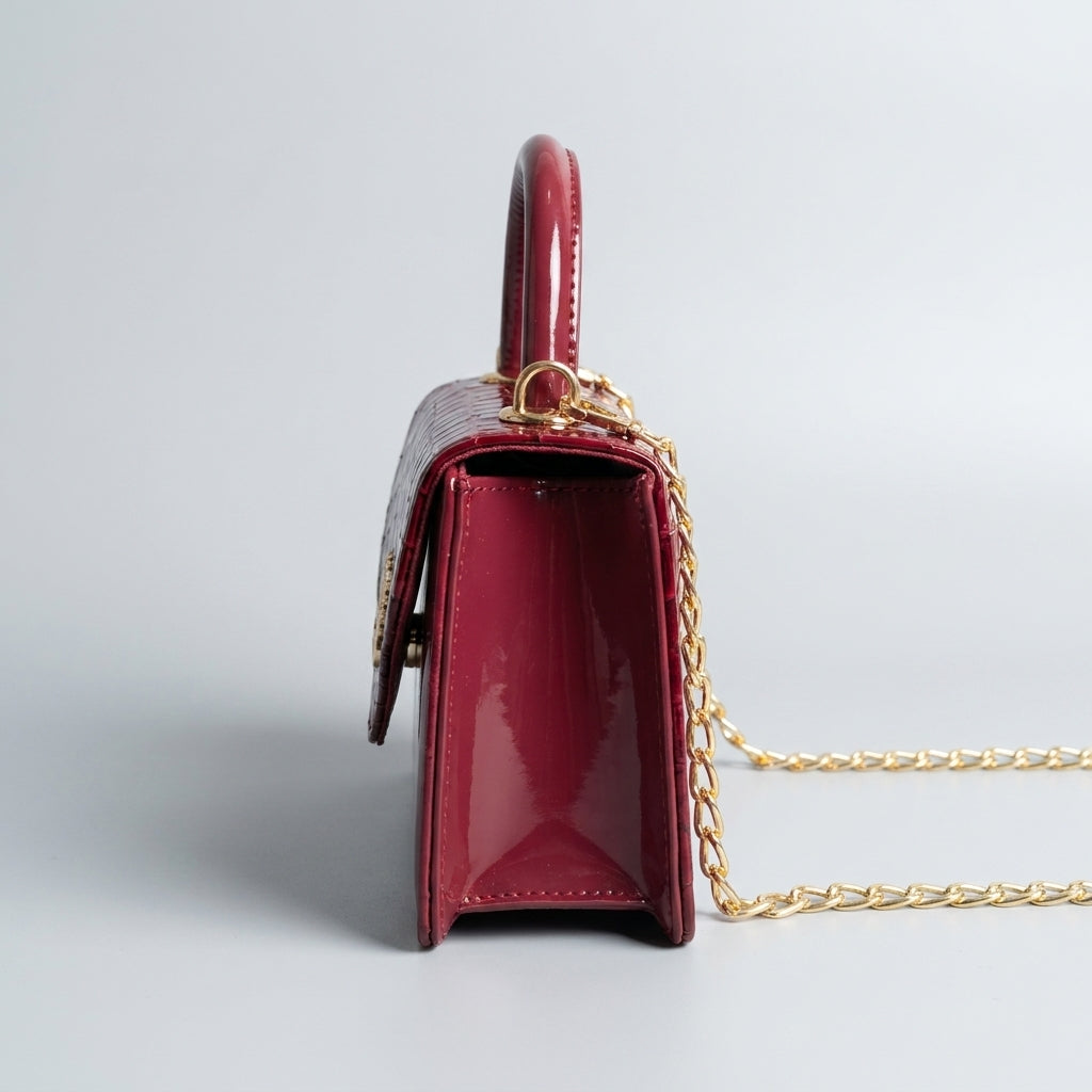 Wine red croc-embossed mini top-handle bag with gold chain strap