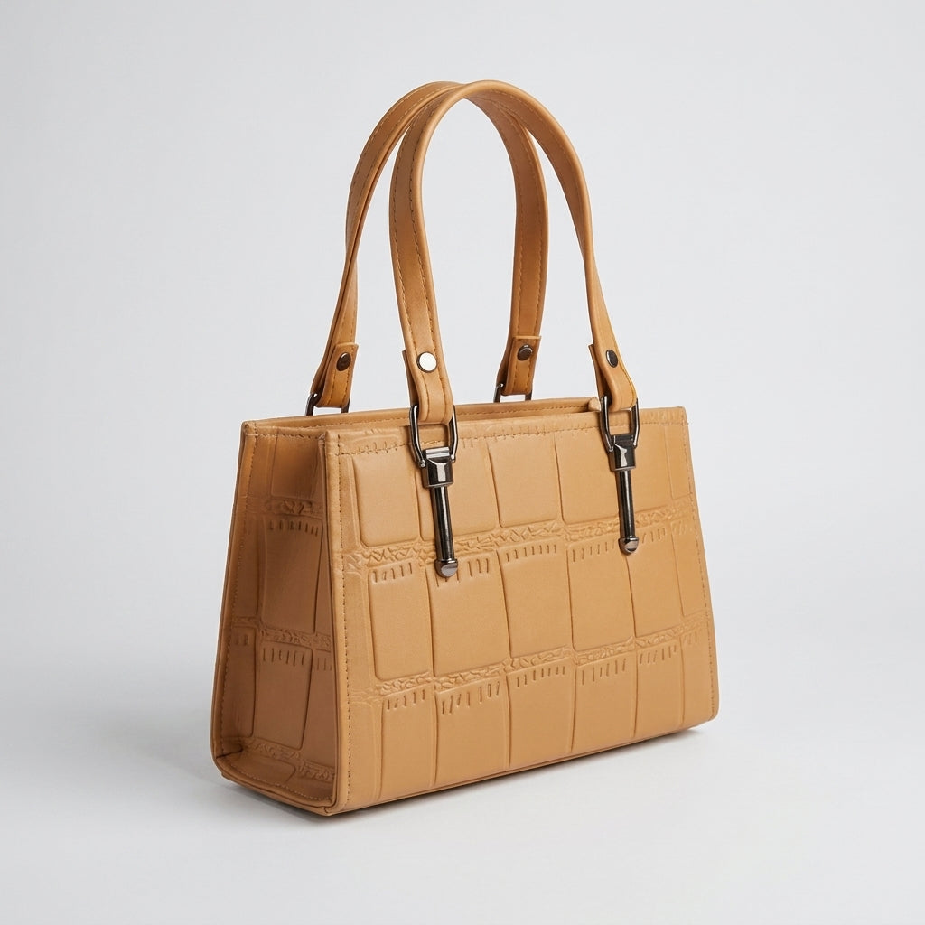 Croc-Embossed Structured Satchel - Tan angle