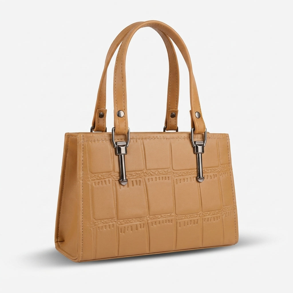 Croc-Embossed Structured Satchel - Tan angle 2