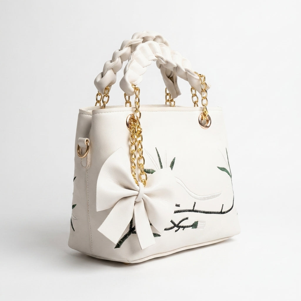 Floral Embroidered Bow Tote - White