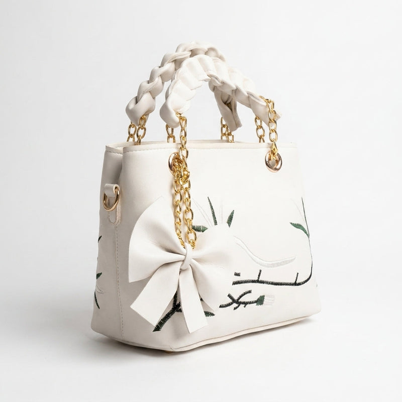 Floral Embroidered Bow Tote - White
