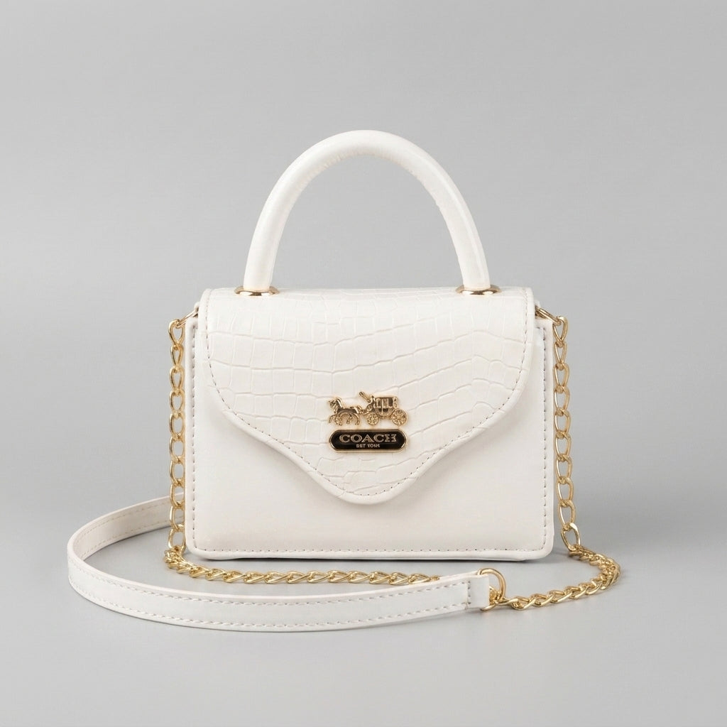 Ivory white croc-embossed mini top-handle bag with gold chain strap