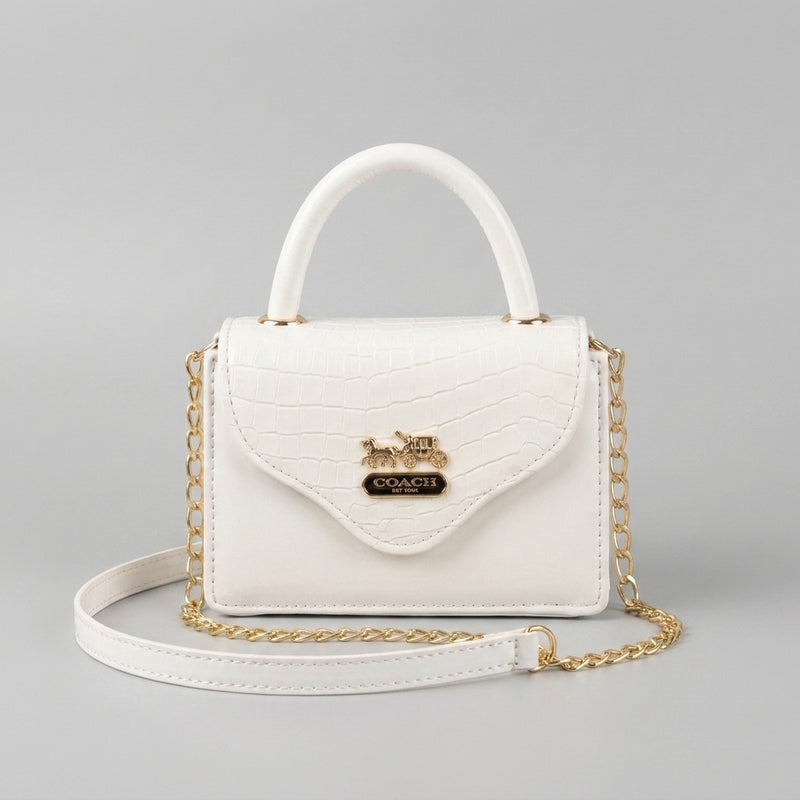 Ivory white croc-embossed mini top-handle bag with gold chain strap